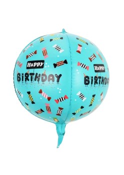 Balon din Folie Metalizata, Flippy, Figurine 4D, Model Happy Birthday, Tematica Aniversara Bombonele, 63x24 cm, Ambalaj Individual, Pai Inclus, Umflare cu Aer sau Heliu, Blue