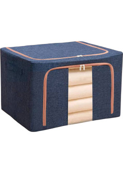 Cutie de Depozitare Pliabilă Premium, 100L, Textil Rezistent, Cadru Metalic, Fermoar de Siguranță, Fereastră Transparentă, 60x42x40 cm, Albastru Marin