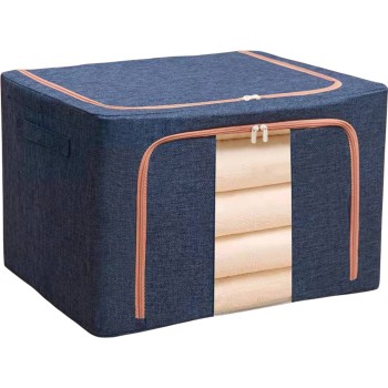 Cutie de Depozitare Pliabilă Premium, 100L, Textil Rezistent, Cadru Metalic, Fermoar de Siguranță, Fereastră Transparentă, 60x42x40 cm, Albastru Marin