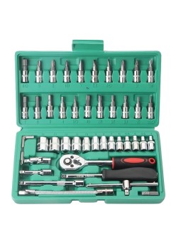 Chei tubulare Set 46 de Piese, Flippy, Trusa Scule de Reparatii Auto, Prelungitoare Rigid si Flexibil, Articulatie Cardanica, Antrenor de Forta Glisant, Adaptoare, Maner pentru Surubelnita, 23 x 12 x 4 cm, 1.9 kg, Cutie Verde