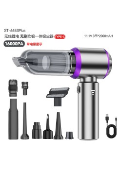 Aspirator Portabil Auto, Flippy, pentru Casa si Masina, 3 Viteze, Incarcator Tip-C cu Incarcare Rapida, Tub Prelungitor, 2000mAh, 7 Capete de Aspirare si Suflare, 21x20x6.5 cm, Argintiu Mov