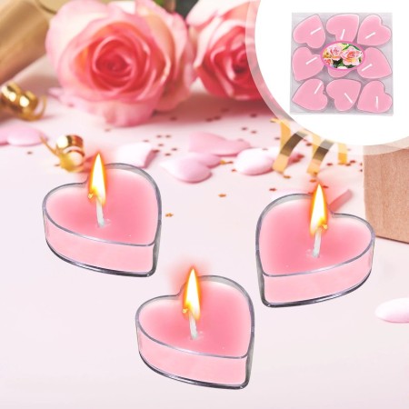 Set 9 Lumanari in Forma de Inima, Flippy, pentru Ziua Indragostitilor, Aroma de Trandafiri, Ardere 3.5 h, din Parafina, 4 x 2 cm, Roz
