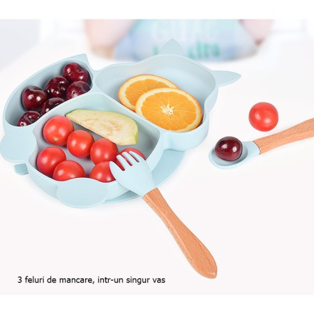 Accesorii diversificare bebelusi 10 piese, silicon alimentar, bol si farfurie cu ventuza, baveta, cana gustari, tacamuri lemn si silicon, baby blue