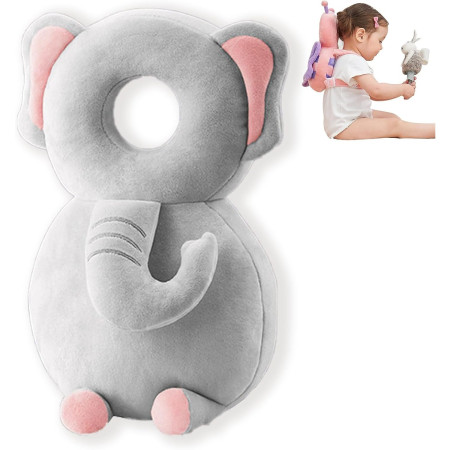 Rucsac cu Pernă de Protecție pentru Cap, Model Elefant din Plus, Suport Moale pentru Bebeluși, 33x6x19 cm, 180 g, Gri