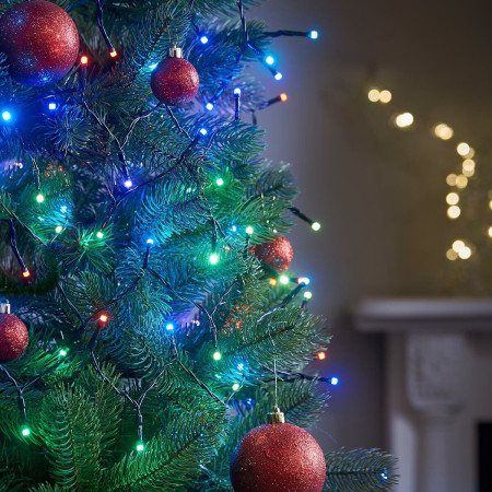 Instalatie de Craciun 8 jocuri de lumini, controler, liniara, 17 m, din care 1 m cablu priza 220V, 200 LED, fir negru, multicolor