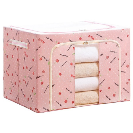 Cutie de Depozitare Pliabilă, 100L, Țesătură Oxford, Cadru Metalic, Bază Stabilă, Fermoar Dublu, Fereastră Frontală, Imprimeu Cireșe, 60x42x40 cm, Roz