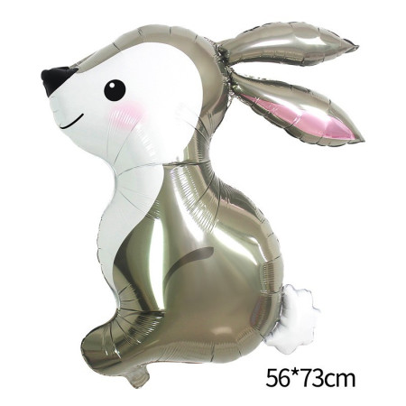 Balon din Folie Metalizata, Flippy, Ambalaj Individual, Pai Inclus, Model Iepure, Tema Animalute, 56x73 cm, Umflare cu Aer sau Heliu, Gri
