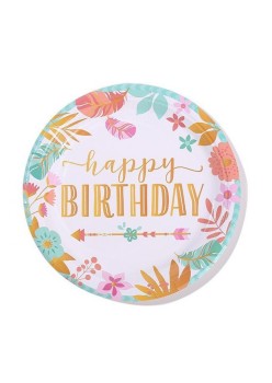 Set 10 Farfurii Unica Folosinta, Flippy, Imprimeu Happy Birthday Frunze, din Carton, Diametru 18 cm, Multicolor