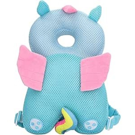 Pernă Tip Rucsac pentru Protecția Capului Bebelușilor, Tetieră Model Unicorn, Design cu Plasă Aerisită, 33x6x19 cm, 180 g, Albastru
