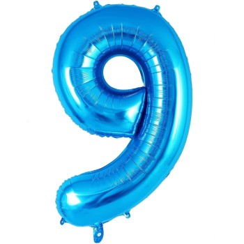 Balon din Folie Metalizata, Flippy, Figurina Cifra, Tema Aniversare 100 cm, Ambalaj Individual, Pai inclus, Umflare cu Aer sau Heliu, Albastru, Cifra 9