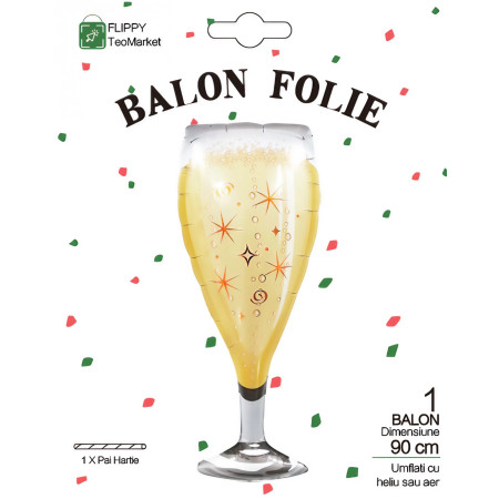 Balon din Folie Metalizata, Flippy, Figurina Pahar de Sampanie, Tema Aniversare, 100x40 cm, Ambalaj Individual, Pai Inclus, Umflare cu Aer sau Heliu, Auriu