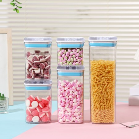 Cutii de Depozitare Alimente, Flippy, Set din 5 Cutii de tip Container, 1x0.5 l, 2x0.8 l, 1x1.2 l, 1x1.9 l, Recipiente pentru Cereale in Bucatarie,  Transparente cu Capac Albastru-Alb