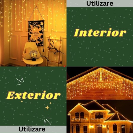 Instalatie Craciun Tip Franjuri/Turturi, 8 Jocuri de Lumini, Interconectabila, 7 m, 200 LED-uri, Prelungitor 1.5 m, Fir transparent, Alb Cald