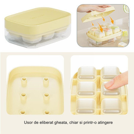 Forma pentru gheata cu presa Flippy, din silicon alimentar, 6 cuburi, caserola pentru depozitare, usor de folosit si curatat, 10.5 x 7.5 x 4.1 cm, galben
