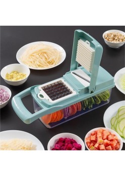 Feliator Multifunctional, Flippy, Razatoare, 8 in 1, pentru Fructe si Legume, 10 Piese, Lame de Inox, Recipient Stocare, Separator Oua, Protectie Mana, ABS, 32.2x11.3 cm, Albastru/Alb