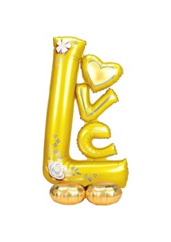 Balon din Folie Metalizata, Flippy, Figurine, Model LOVE, Tematica Iubire, 110x64 cm, Ambalaj Individual, Pai Inclus, Umflare cu Aer sau Heliu, Galben
