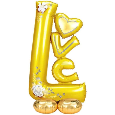 Balon din Folie Metalizata, Flippy, Figurine, Model LOVE, Tematica Iubire, 110x64 cm, Ambalaj Individual, Pai Inclus, Umflare cu Aer sau Heliu, Galben