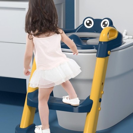 Reductor WC cu Scaunel Inaltator Copii 1-7 Ani, 2 Trepte Reglabile, Colac Moale, Pliabil, cu Spatar si Manere, Albastru-Portocaliu