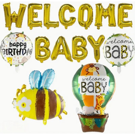 Set Baloane din Folie Metalizata, Flippy, Model Welcome Baby, Litere de 40 cm, Baloane Party, Ambalaj Individual, Pai, Ata si Adeziv Incluse, Umflare cu Aer sau Heliu, Auriu