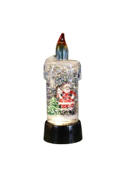 Decoratiune de Craciun tip Lumanare, Flippy, Lumanare de Cristal cu Fulgi de Zapada, Model Mos Craciun cu Sclipici, Iluminare LED, 13 x 5 x 5 cm, Baza Vintage Bronze, Transparent