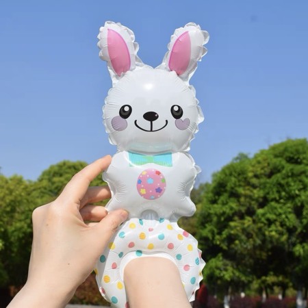 Balon din Folie Metalizata, Flippy, Figurine Animalute, Tip Bratara, Model Iepuras, Ambalaj Individual, Pai Inclus, Umflare cu Aer sau Heliu, Alb