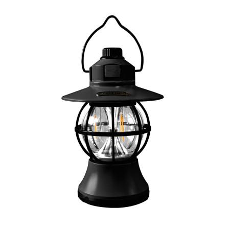 Lampă Camping Retro Portabilă Neagră, Felinar LED Vintage, 1200mAh, Reîncărcabilă, 3 Moduri Iluminare, Intensitate Reglabilă, 20 cm, Cârlig Agățare