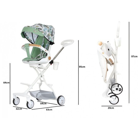 Cărucior Sport 3 în 1, Reversibil, Pliabil, Poziție Somn, Tavă Masă, Roti 360°, Suport Pahar, Copertină Soare, Verde Frunze, 6-36 Luni