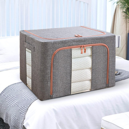 Cutie de Depozitare Pliabilă, 100L, Textil, Cadru Metalic, Bază Stabilă, Fermoar, Două Ferestre de Vizualizare, 60x42x40 cm, Gri