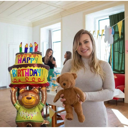 Balon din Folie Metalizata, Flippy, Figurine Animalute, Model Ursulet cu Tort Aniversar, 124x65 cm, Ambalaj Individual, Pai Inclus, Umflare cu Aer sau Heliu, Multicolor