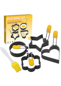 Set 4 forme pentru ou Flippy, din otel, strat antiaderent, diametru 7.5 cm, cu maner din ABS, negru