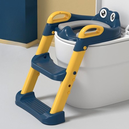 Reductor WC cu Scaunel Inaltator Copii 1-7 Ani, 2 Trepte Reglabile, Colac Moale, Pliabil, cu Spatar si Manere, Albastru-Portocaliu