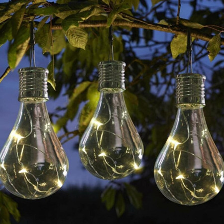 Lampa Solara LED Decorativa sub forma de Bulb, pentru exterior, suspendata, IP65, Ultron Transparent, lumina calda, Flippy