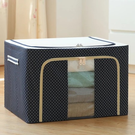 Cutie de Depozitare Pliabila, Flippy, Cu Fermoar, 66 L, Textil, 50 x 40 x 33 cm, Cadru Metalic, Suport Baza Stabil din Plastic, Imprimeu Buline, Albastru Marin