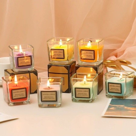 Lumanare Parfumata, Flippy, Model Pahar Transparent, cu Ulei Esential, 4.8 x 5.4 x 5.5 cm, Aroma de Kaki Japonez, Galben