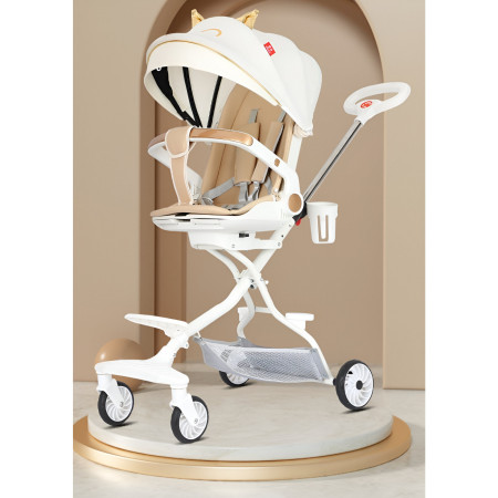Cărucior Sport 3 în 1, Reversibil, Pliabil, Poziție Somn, Tavă Masă, Roti 360°, Suport Pahar, Copertină Soare, Alb Model Pisică, 6-36 Luni