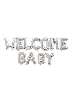 Set Baloane din Folie Metalizata, Flippy, Figurine Litere, Model Welcome Baby, Tema Aniversare, 40 cm, Ambalaj Individual, Pai inclus, Umflare cu Aer sau Heliu, Argintiu