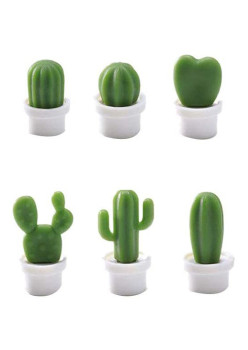 Set 6 Magneti de Frigider, Flippy, Model Cactusi in Ghiveci, din ABS si Magnet, Verde/Alb