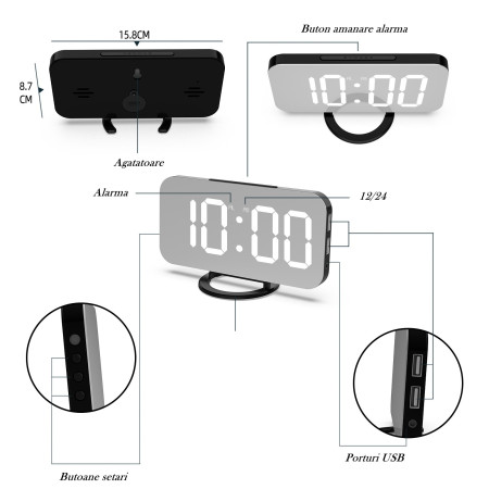 Ceas digital cu LED, Flippy, multifunctional, afisaj digital, alarma, 2 porturi USB de iesire, ecran tip oglinda, modern, 15.8 cm, alb