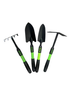 Set 4 Unelte de Grădină din PVC Carbon, 43x11 cm, Plantare și Îngrijire, Negru/Verde – Greblă, Săpăligă, 2 Lopeți