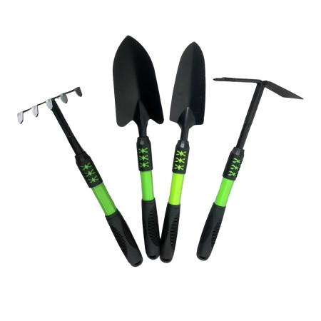 Set 4 Unelte de Grădină din PVC Carbon, 43x11 cm, Plantare și Îngrijire, Negru/Verde – Greblă, Săpăligă, 2 Lopeți