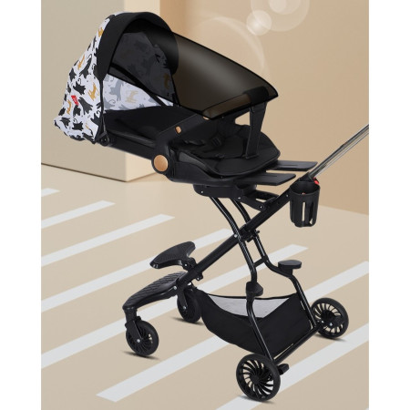 Cărucior Sport 3 în 1, Reversibil, Pliabil, Poziție Somn, Tavă Masă, Roti 360°, Suport Pahar, Copertină Soare, Negru Model Pisicuțe, 6-36 Luni
