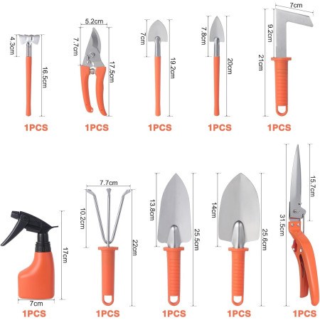 Set 10 Unelte de Grădină din Oțel Inoxidabil, Mânere Portocalii, Cutie Inclusă, 37x28x7 cm – Pentru Plantare, Sol, Îngrijire Plante, Negru