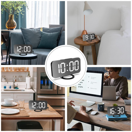 Ceas digital cu LED, Flippy, multifunctional, afisaj digital, alarma, 2 porturi USB de iesire, ecran tip oglinda, modern, 15.8 cm, alb