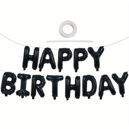 Set 25 de Baloane din Folie Metalizata si Latex, Flippy, Figurine 2 Stele, 4 Baloane Confetti, 13 Litere, 6 Latex, Model Happy Birthday, Tema Aniversare, 40 cm, Ambalaj Individual, Pai Inclus, Umflare cu Aer sau Heliu, Negru