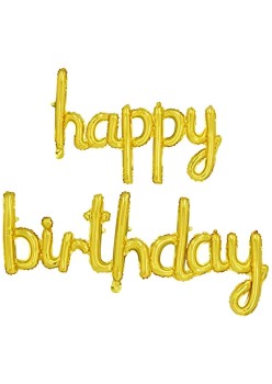 Set Baloane din Folie Metalizată, Flippy, Model Happy Birthday, 45x85 cm, 45x124cm, Baloane Party, Ambalaj Individual, Pai inclus, Umflare cu Aer sau Heliu, Gold