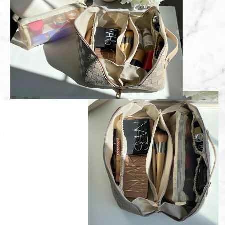 Geantă Cosmetice Călătorie, Piele Ecologică, Impermeabilă, Compartimentată, cu Mâner, Crem cu Carouri, 22x13x12.5 cm