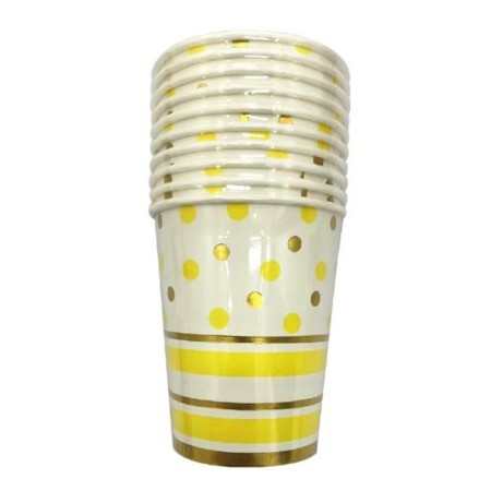Set 10 Pahare, Flippy, Imprimeu cu Buline si Dungi, din Carton, 250 ml, 7.5 x 8.5 x 5.2 cm, Galben/Auriu