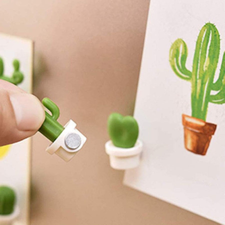 Set 6 Magneti de Frigider, Flippy, Model Cactusi in Ghiveci, din ABS si Magnet, Verde/Alb