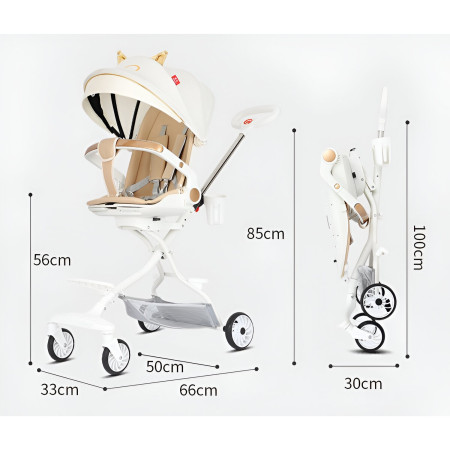 Cărucior Sport 3 în 1, Reversibil, Pliabil, Poziție Somn, Tavă Masă, Roti 360°, Suport Pahar, Copertină Soare, Alb Model Pisică, 6-36 Luni