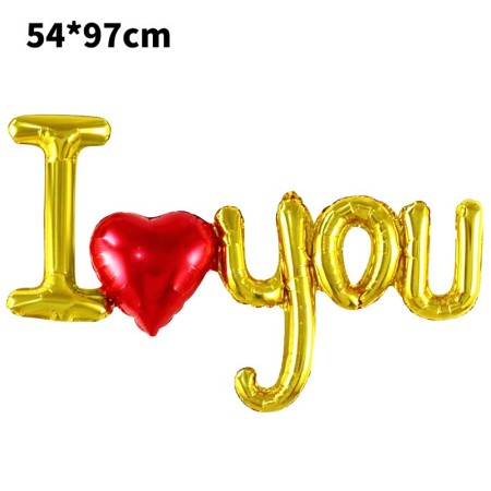 Set Baloane Folie Metalizata, Flippy, Model I LOVE YOU cu Inimioara, 54x97 cm, Tematica Ziua Îndrăgostiților, Ambalaj Individual, Pai Inclus, Umflare cu Aer sau Heliu, Auriu